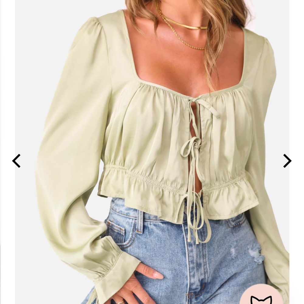 Kittenish Sage Green Tie-Front Long Sleeve Crop Top